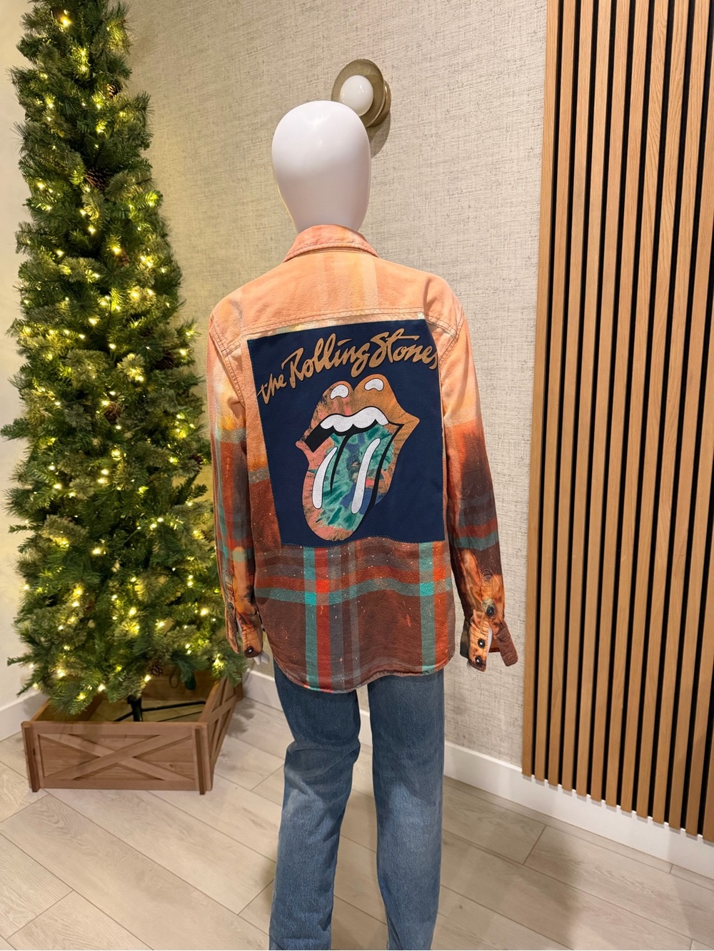 the Rolling Stones Orange Plaid Graphic Back Shirt Jacket